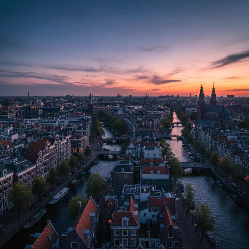 Uitzicht over Amsterdam tijdens zonsondergang