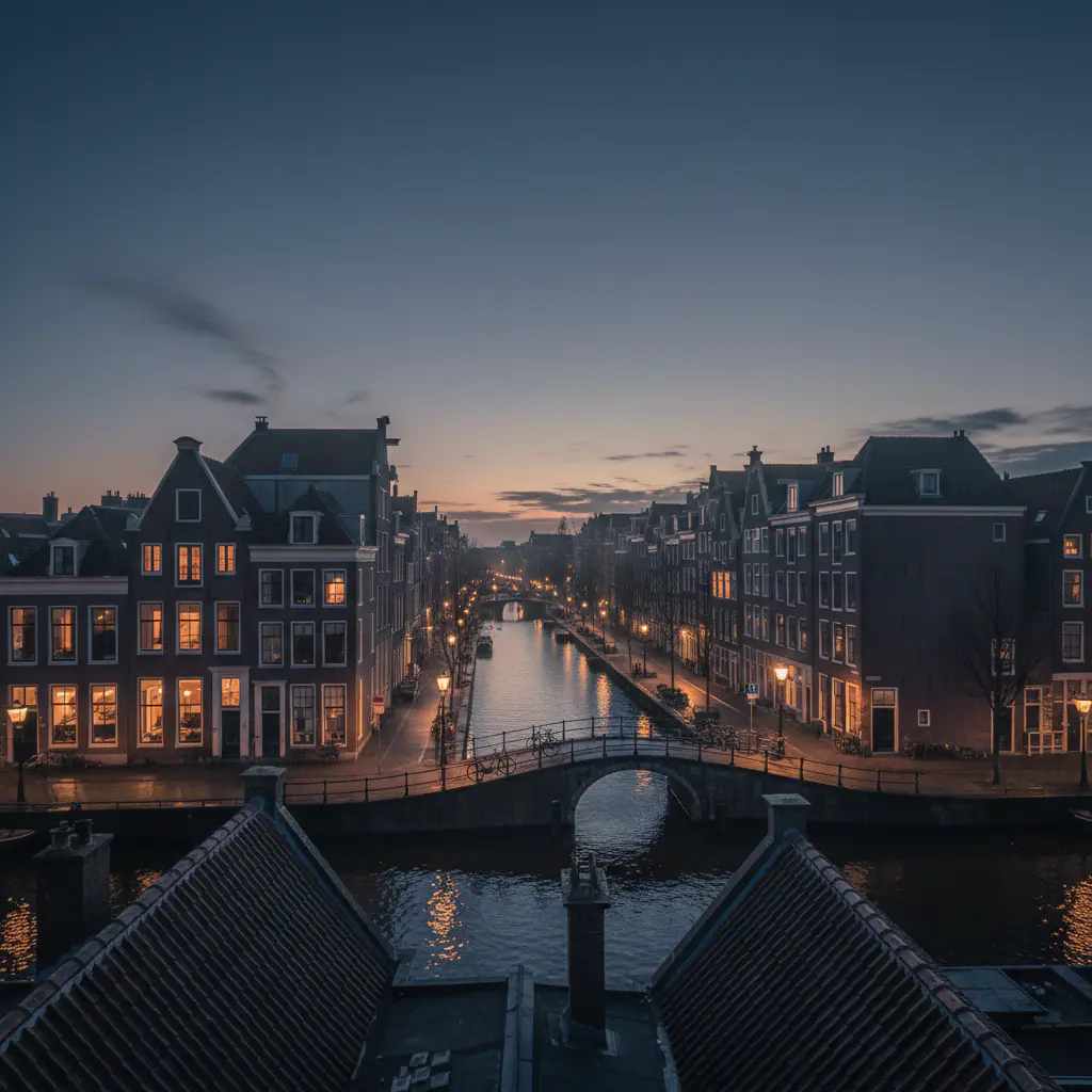 Stedelijk panorama in de avond