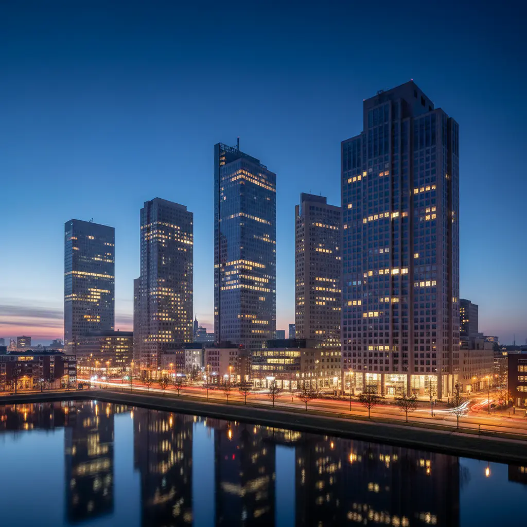 Moderne torens in Den Haag tijdens het blauwe uur
