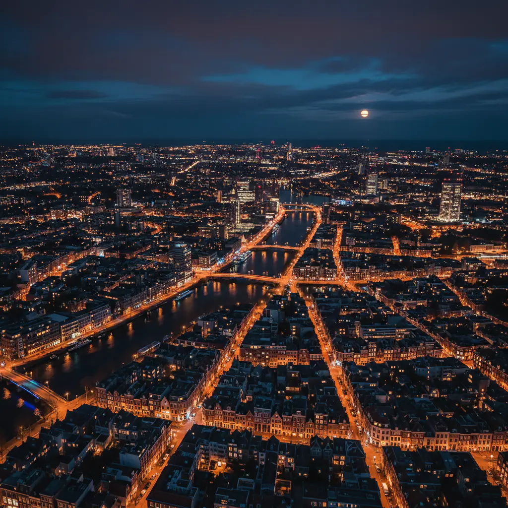Panoramisch nachtzicht van een Nederlandse stad met neon lichten