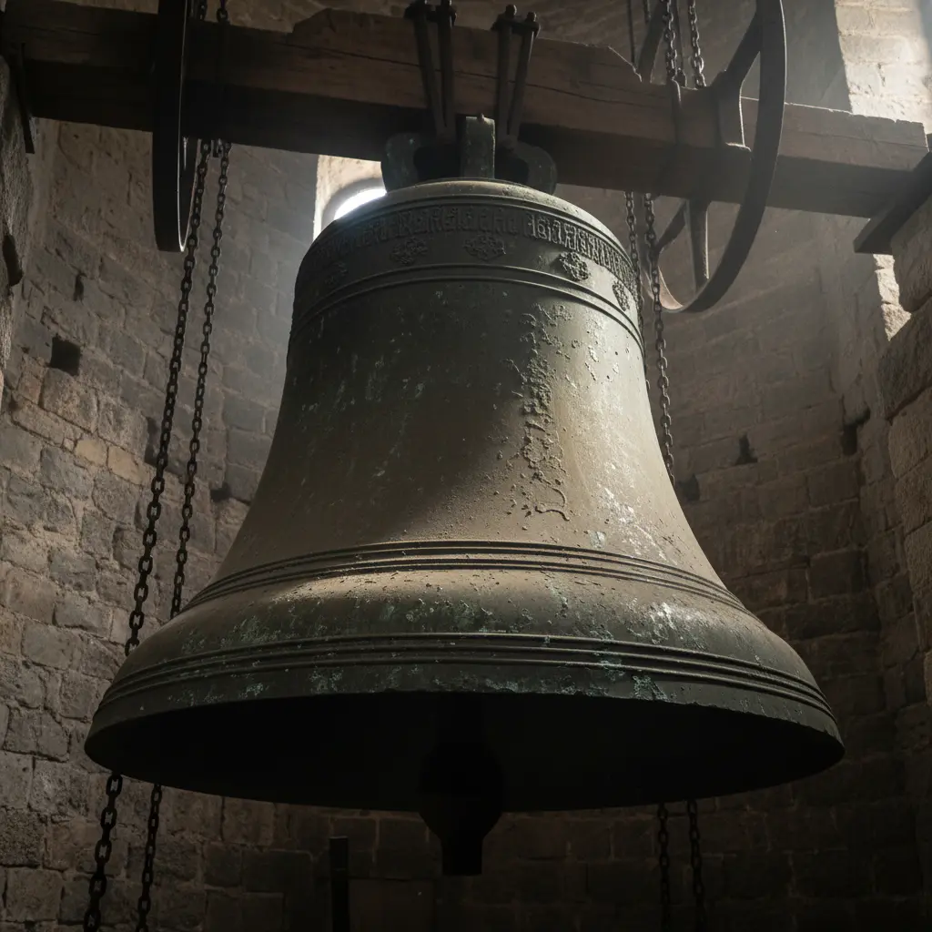 Detailopname van een enorme antieke bronzen bel in een donkere stenen toren