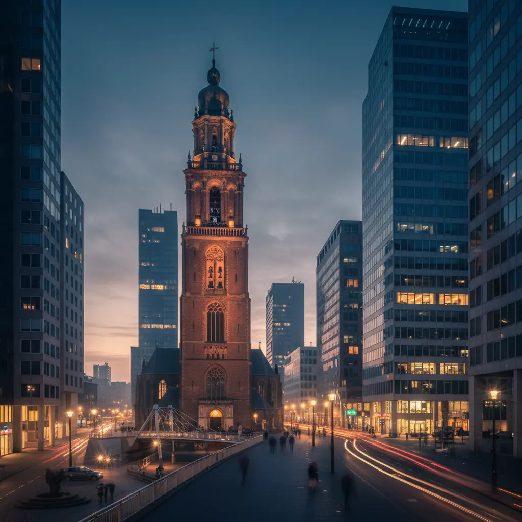 Laurenskerk toren in het moderne Rotterdam
