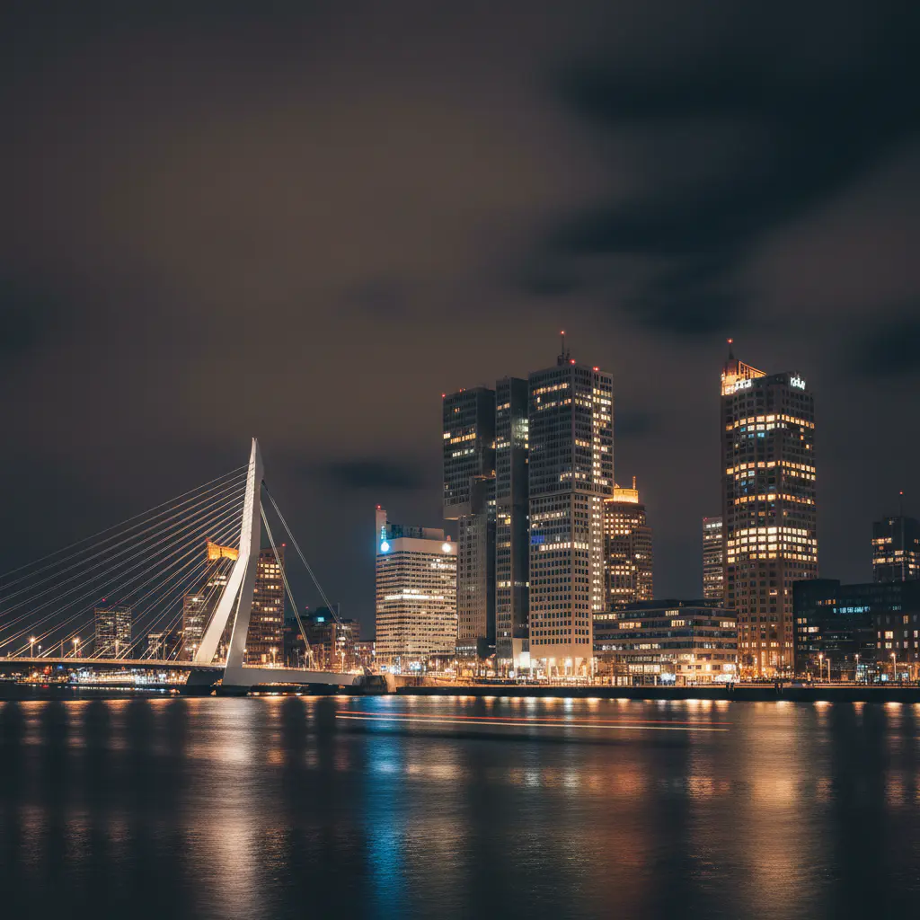 Uitzicht op de Erasmusbrug en moderne wolkenkrabbers in Rotterdam