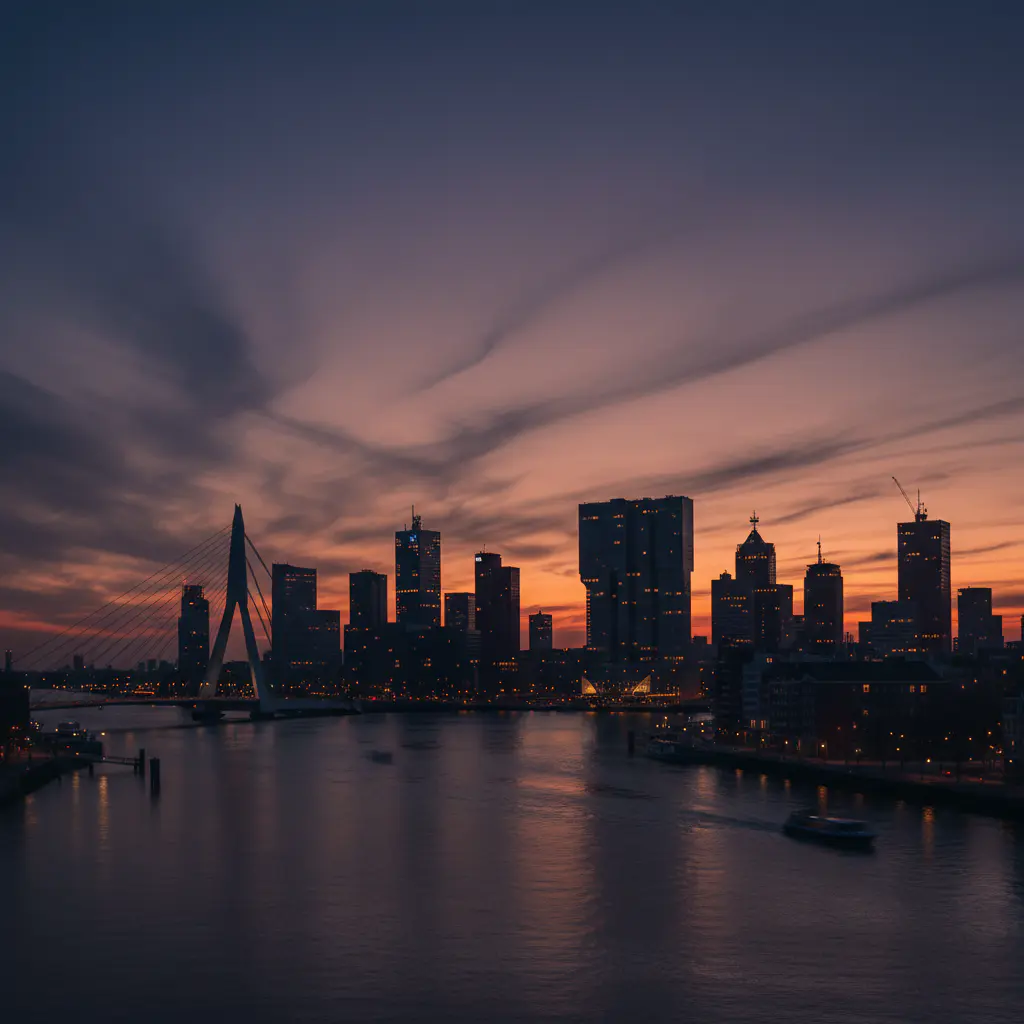 Zonsondergang over de Rotterdamse skyline