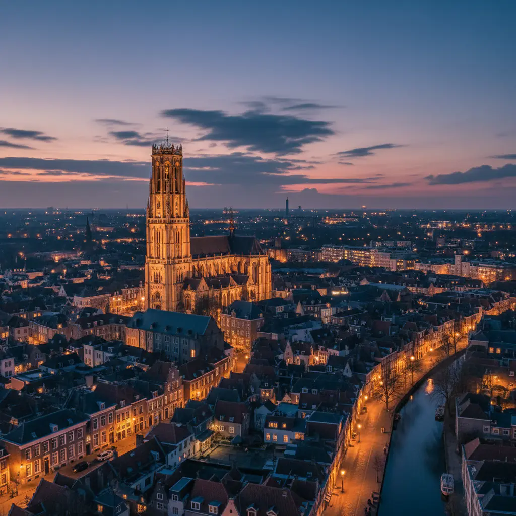 De Domtoren in Utrecht verlicht in de avond
